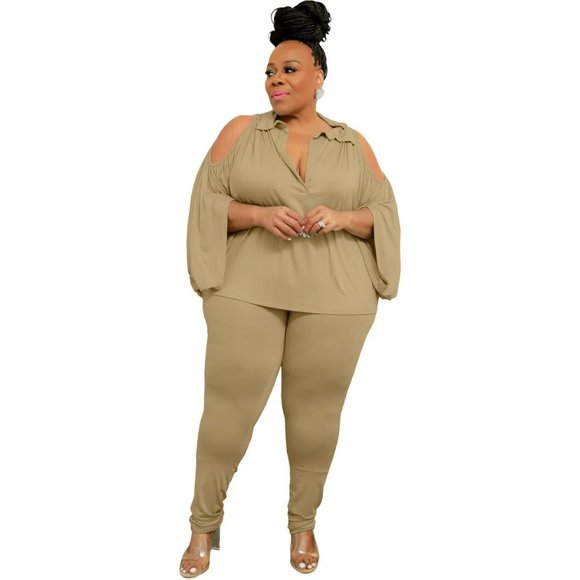 Women Solid Color V-Neck Long-Sleeved Top Casual Two-Piece Sets - Picture 2 of 15